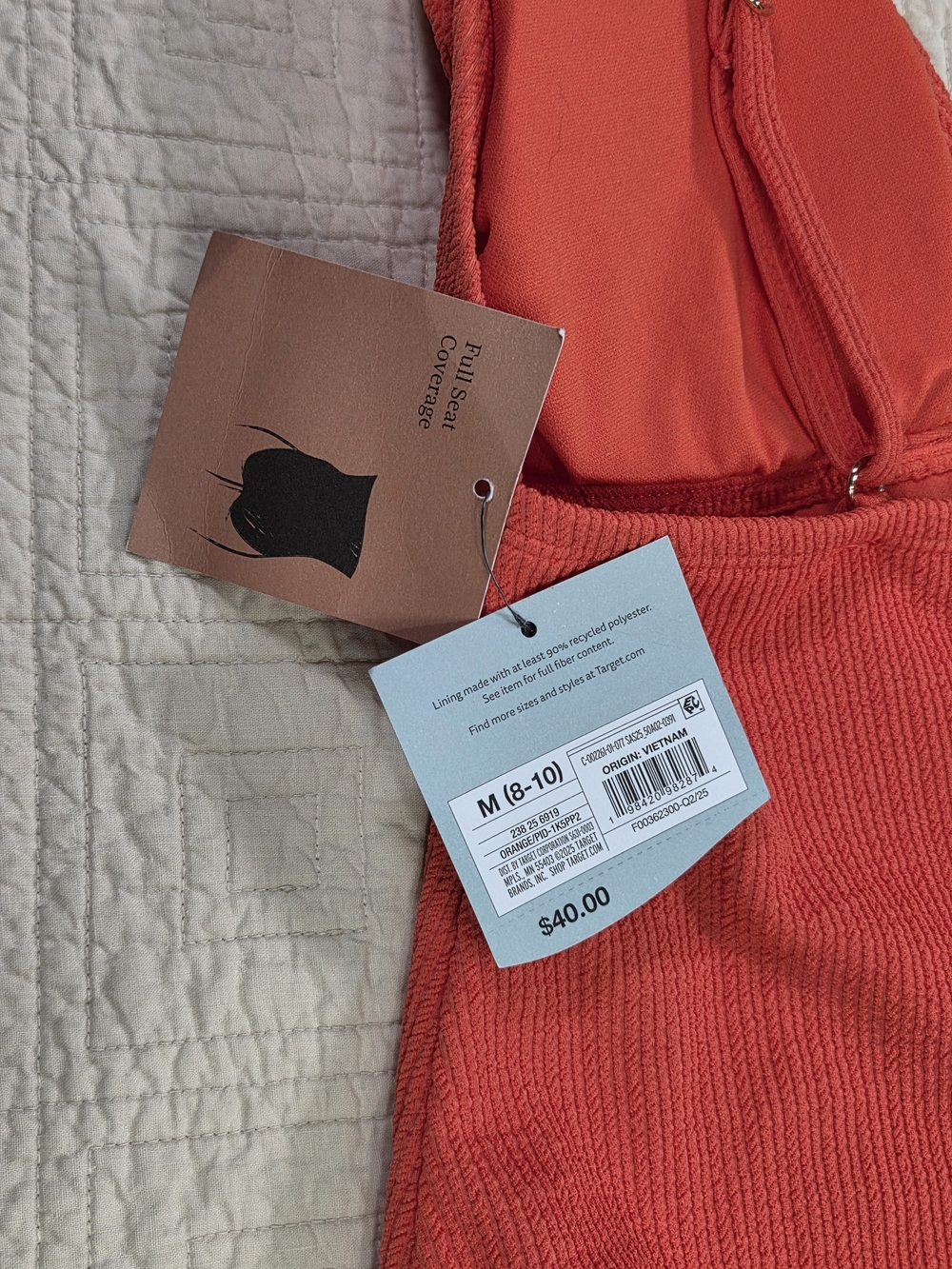NWT Shade & Shore Orange Textured Ribbed V-Neck One-Piece Swimsuit Size M - Picture 9 of 13